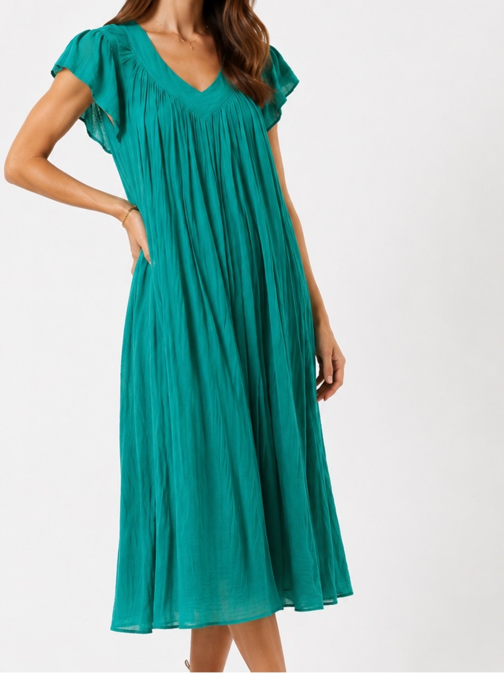 CALIFORNIA DYNASTY Cotton Gauze Teal Green V-Neck Flutter Sleeve Midi Dress
